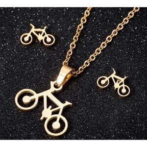 Bicycle Necklace and Earring Set Dainty 17" Length  Chain Stainless Steel Gold